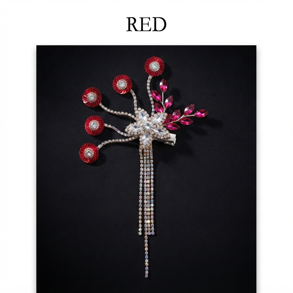 Central crystal flower cluster, cascading rhinestone fringe, hair accessories
