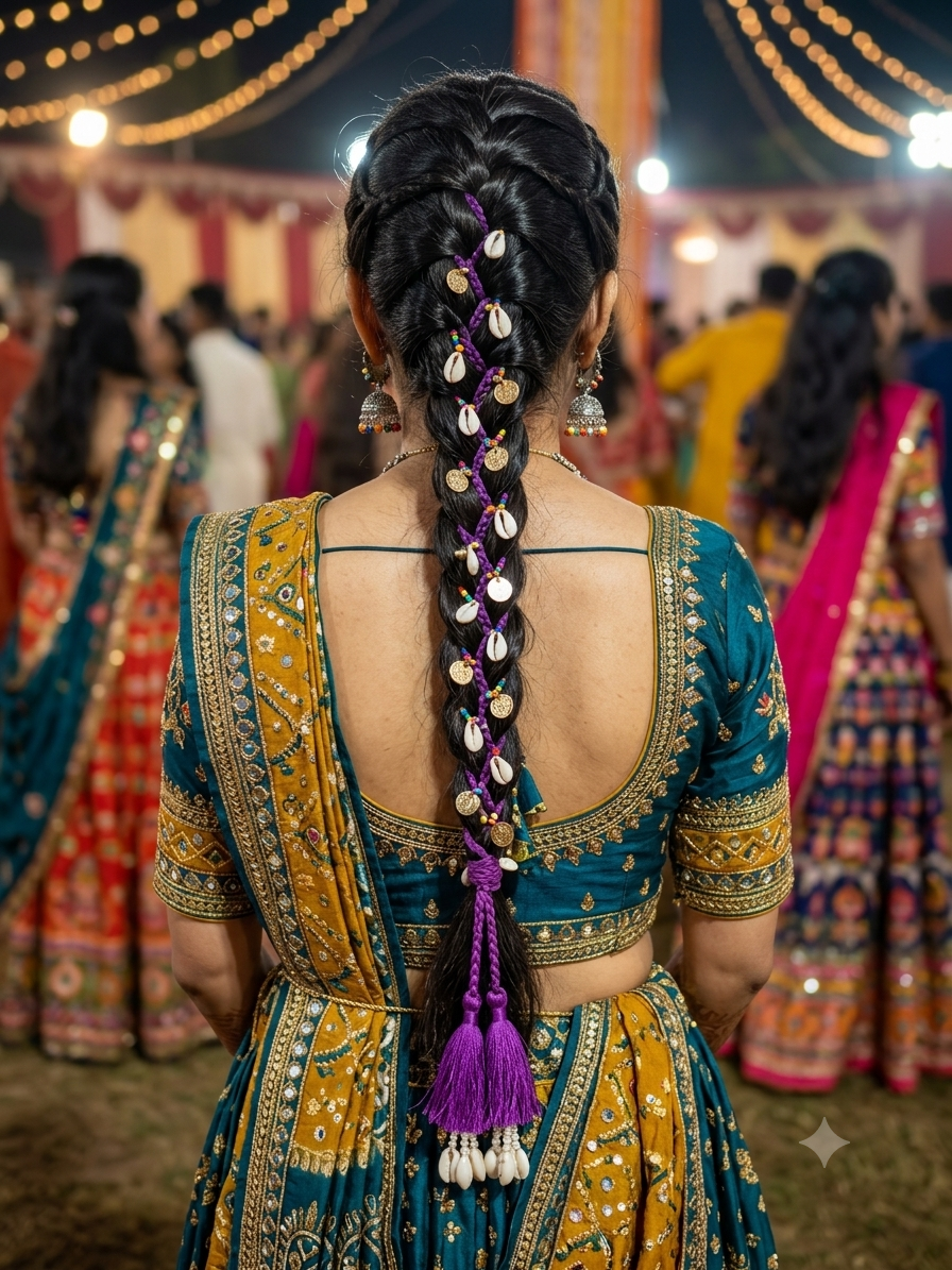 Boho Cowrie Shell & Coin Braided Hair Tassel (Festival Parandi Wrap)