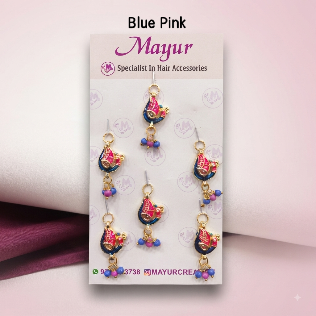 Elegant peacock-inspired enamel work with dangling bead drops