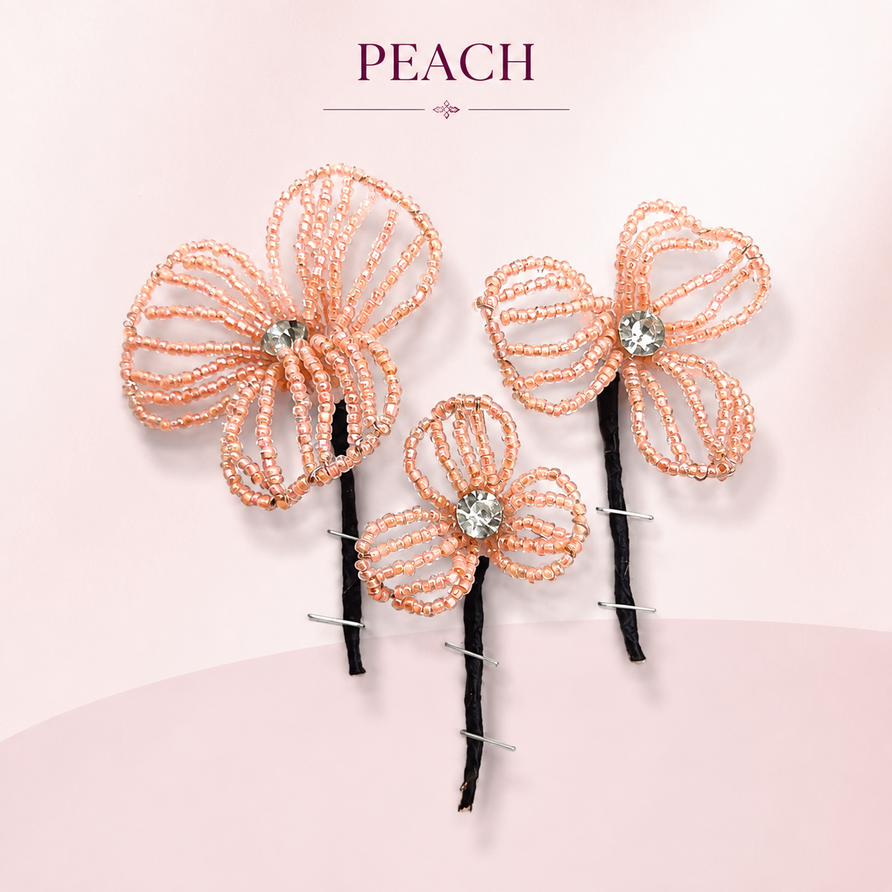 Handcrafted looped bead flower motif with a brilliant crystal centerpiece hair accessories