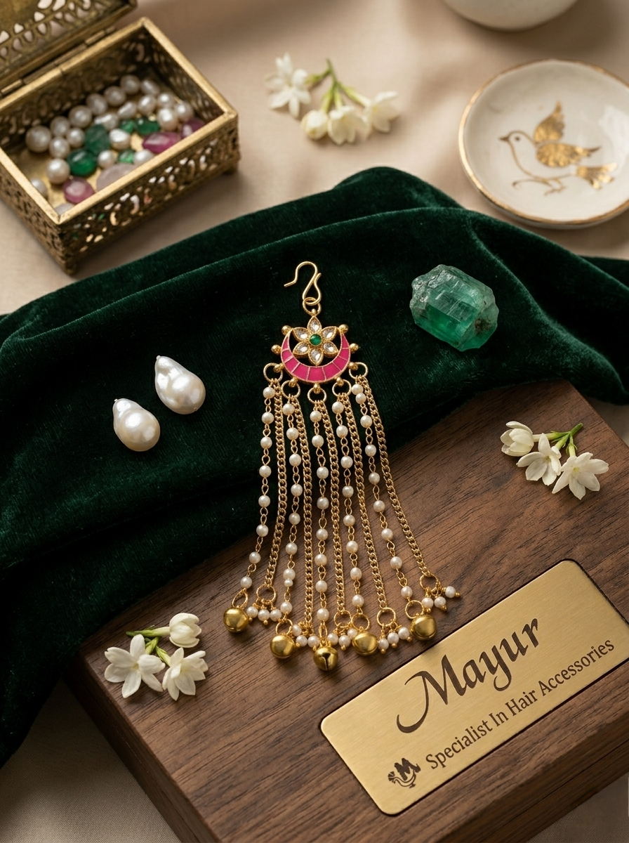Mayur Meenakari Floral Chand Multi-Strand Hair Brooch & Braid Tassel