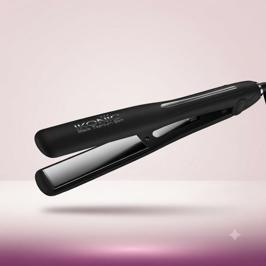 Ikonic Professional Titanium Slim Hair Straightener with 1-Inch Slim Floating Titanium Plates & Digital Temperature Adjustment – Black