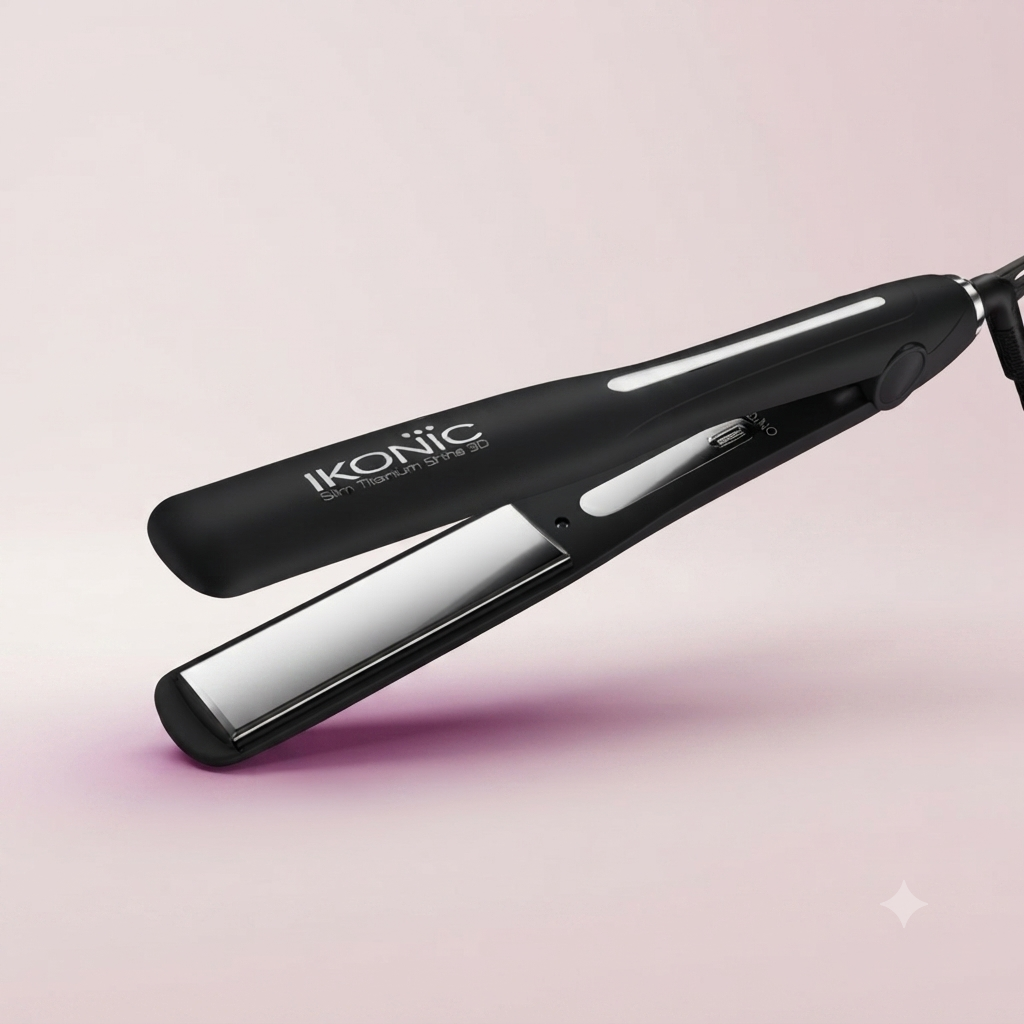 Ikonic Professional Slim Titanium Shine 3.0 Hair Straightener with 1-Inch Slim Floating Titanium Plates & Digital Temperature Adjustment – Black