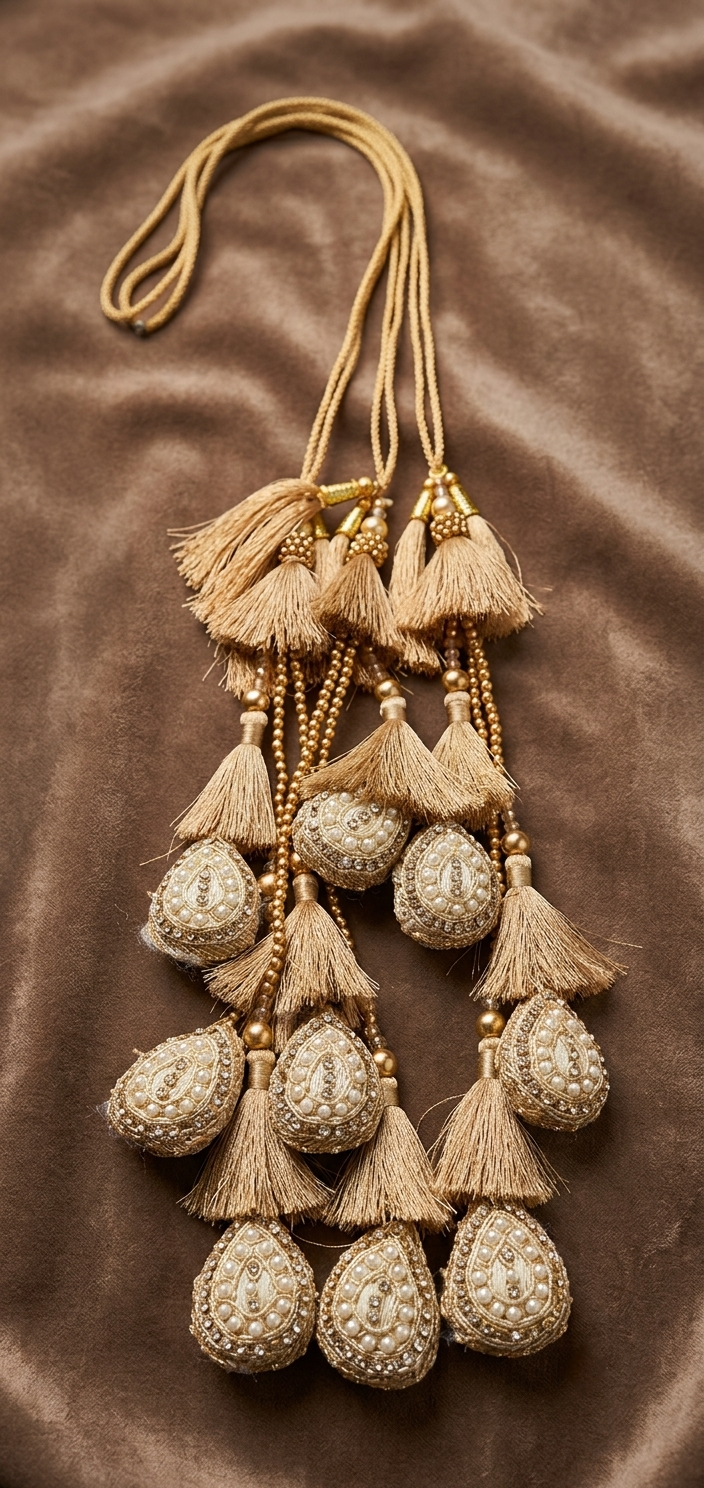 Royal Shimmer: Handcrafted Pearl & Zari Tassel Bridal Parandi (Choti Latkan)
