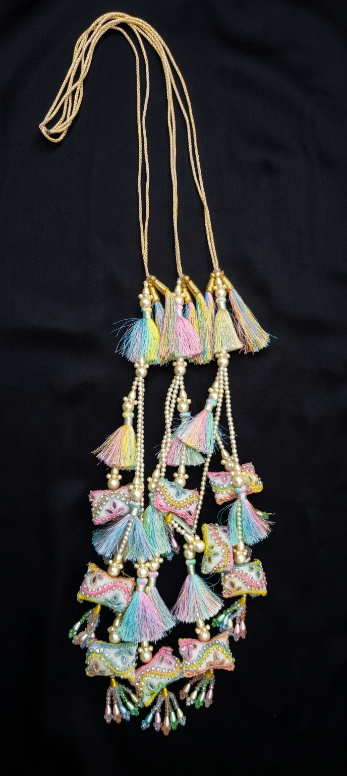 Pastel Whimsy: Handcrafted Embroidered Pillow & Silk Tassel Bridal Parandi (Choti Latkan)