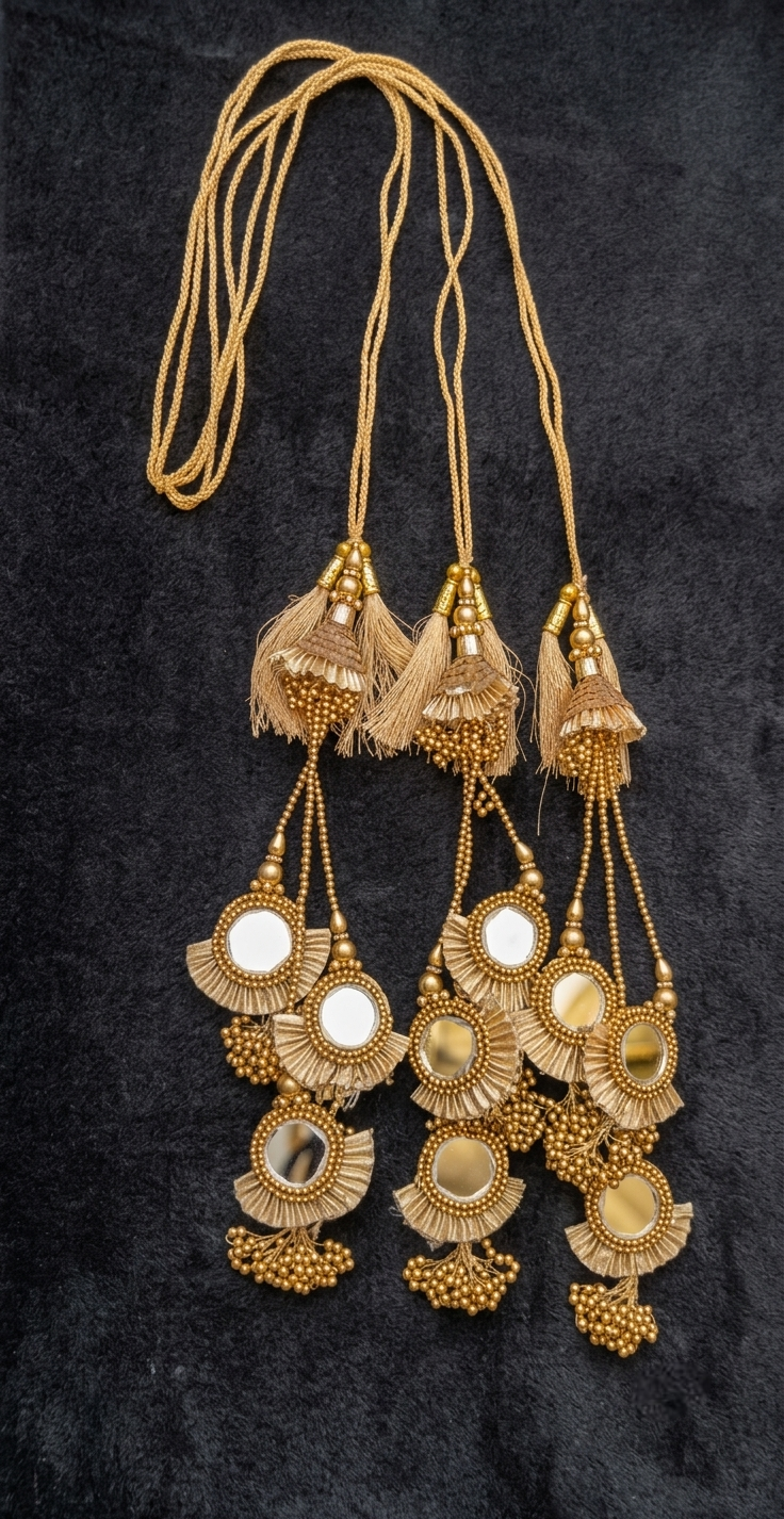 Gota Mirror Bloom: Handcrafted Golden Sheesha Tassel Bridal Parandi (Choti Latkan)