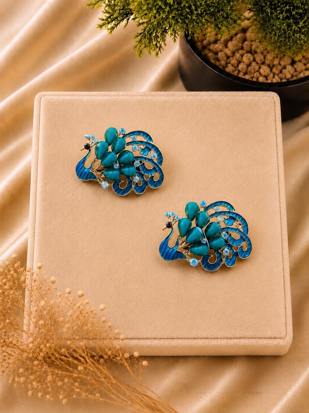 Regal Peacock Crystal Hair Brooch & Open Hairstyle Pin