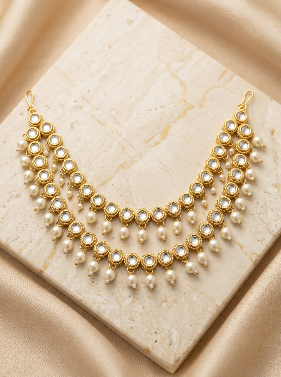 Imperial Crescent Polki & Pearl Hairstyle Chain