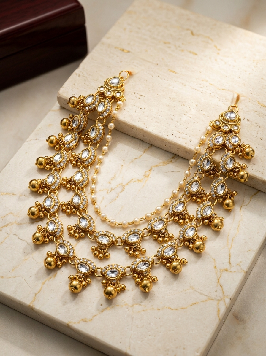 The 'Maharani' Heirloom-Style Kundan & Pearl Draping Hair Chain