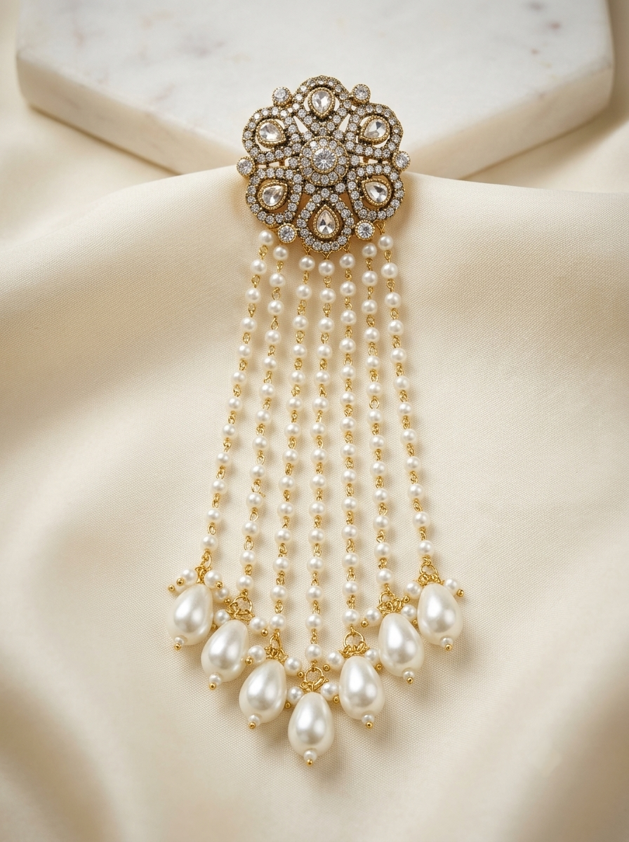 The 'Apsara' Royal Navratan-Inspired Pearl Waterfall Hair Brooch