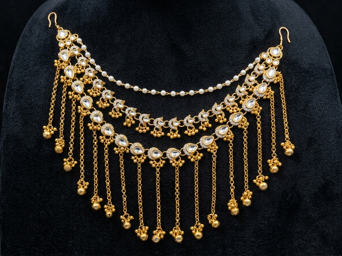 The 'Mehrunissa' Royal Chandelier Kundan & Ghungroo Fringe Hair Drape